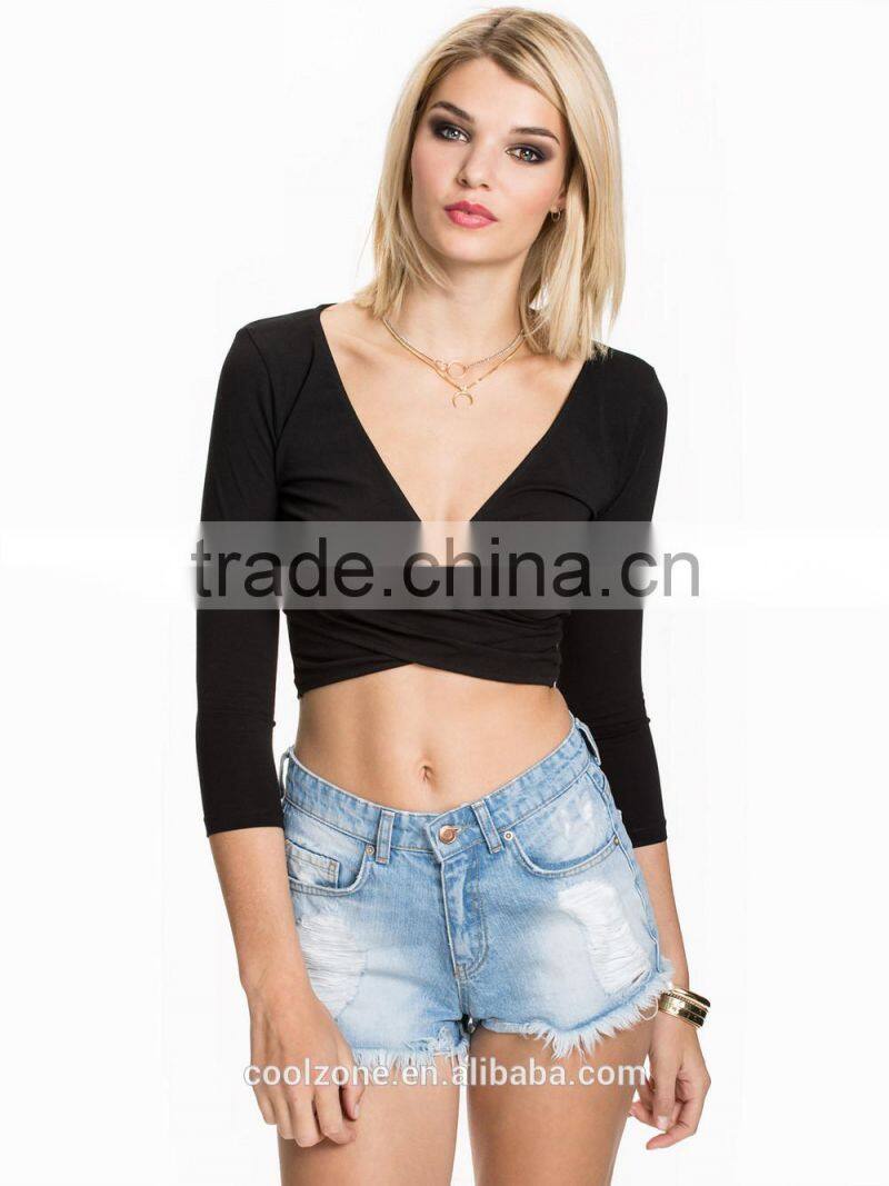 Latest new design v neck crop top plain wholesale long sleeve women crop top