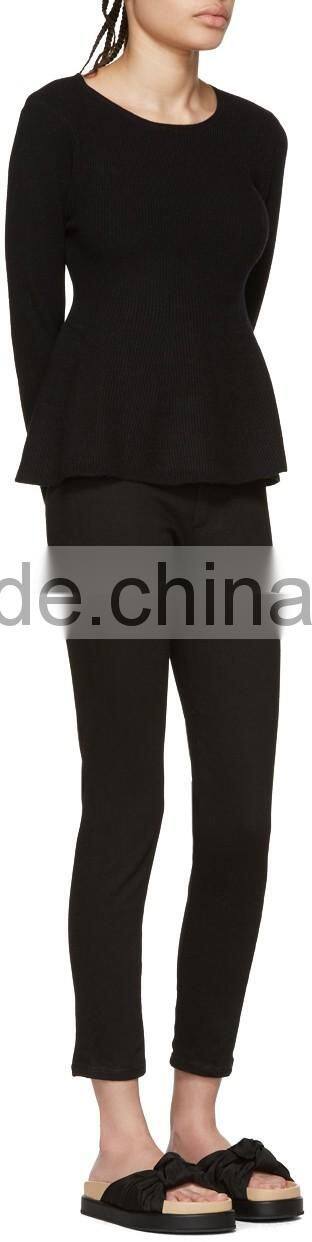 High Quality Women Plain Black Long Sleeve Rib Knit Pullover with Peplum Hem