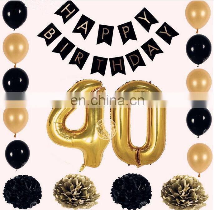 Customized Gold Number Balloon with Happy Birthday Paper Banner Pom Poms Party Decoration Kit Shower Backfrop 17pcs/set