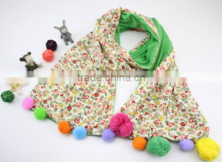 Good Quality Cute Sweet Small Floral Print Colorful Pom Pom Balls Fashion Baby Girls Winter Scarf