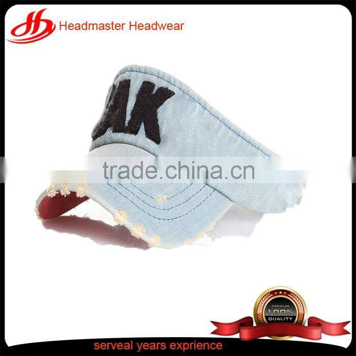 Custom trendy denim distressed washed women sun visor with embroidery