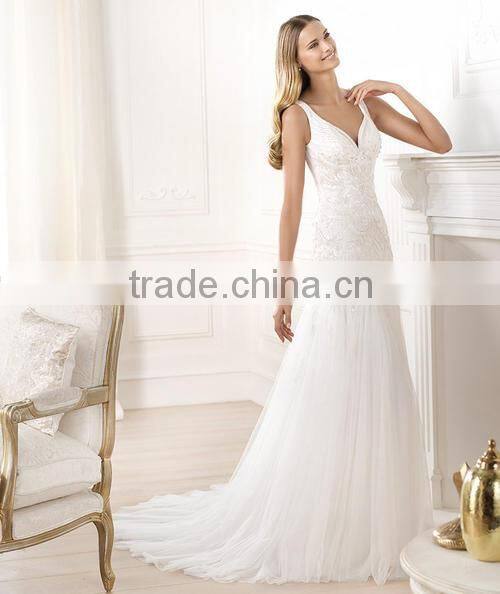 White Tulle Lace Sleeveless V Neckline New Arrival Crystal Wedding