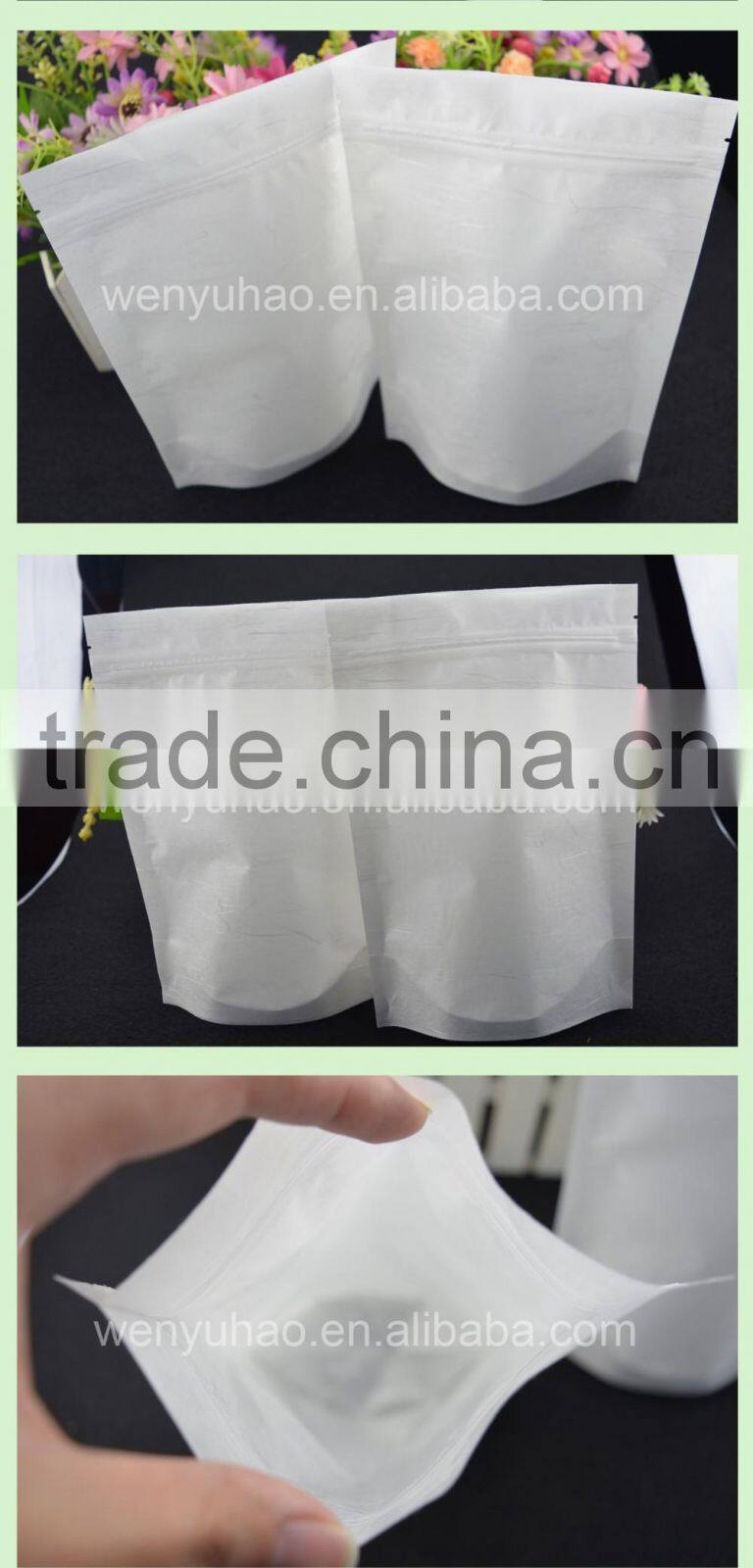 Pe Inside Resealable Food Storage Stand up Zipper Snack white Paper Packaging Bags with Tear Notch