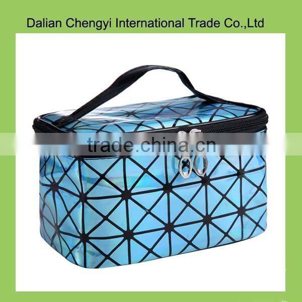 Hot sale high capacity geometric square pattern shiny pu cosmetic bag