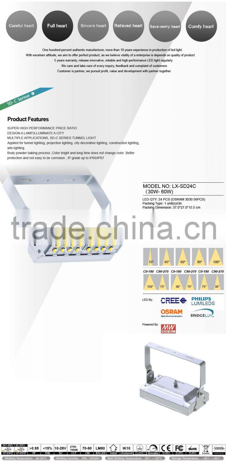 Adjustable Bracket CE Rohs Meanwell Driver 100-140lm/W Different Beam Angle Modular Design 40W Outdoor LED Tunnel Lamp