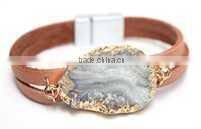 2015 Latest Fall Winter Beige Leather Strap Bracelet with Oval Gold Foiled Agate Stone Charm