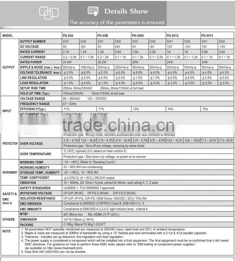 Mean well 25w power supplies Dual Output Power Supply 25W 25w dual output switching power supply 25w