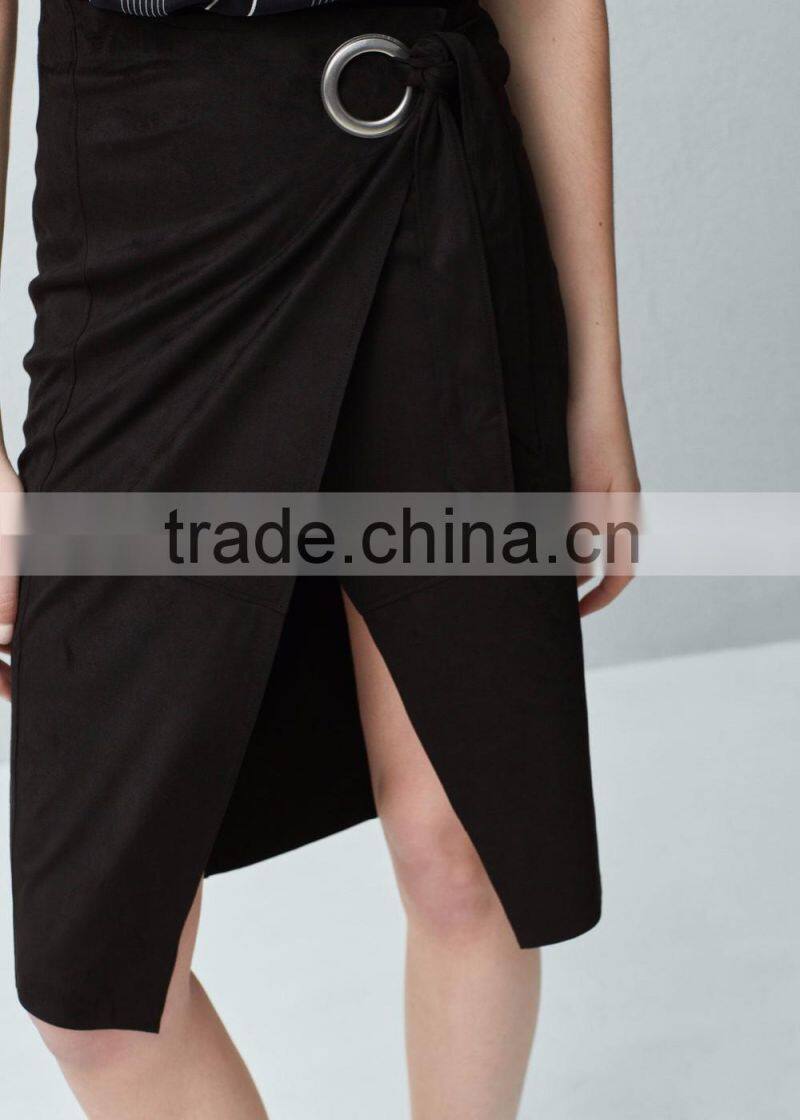 Custom Slit With Buckle Women Black Faux Suede Wrap Skirt