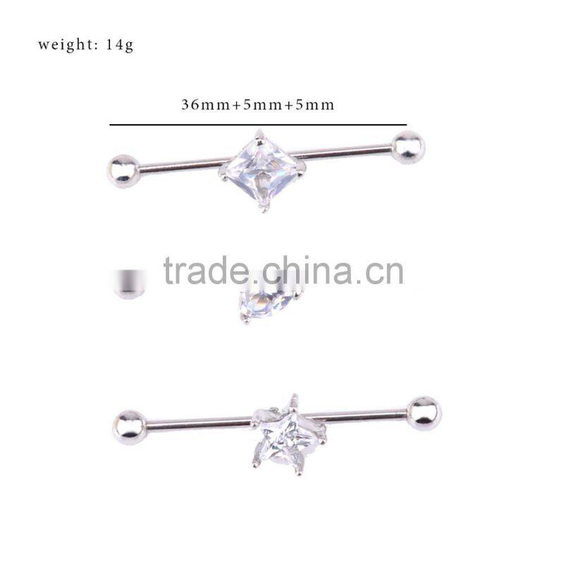 Tripple Prong Set Clear Heart Zircon 14G Cartilage Earring 1 & 1/2" Barbell with Round Ball Ends.
