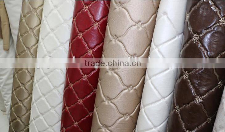 Semi PU upholstery leather supplier surface with embroider design and metallic color