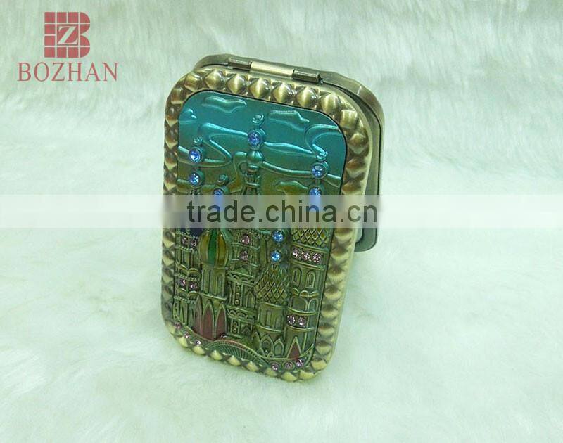 Metal souvenir brass castle rhinestone mirror/antique castle makeup mirror