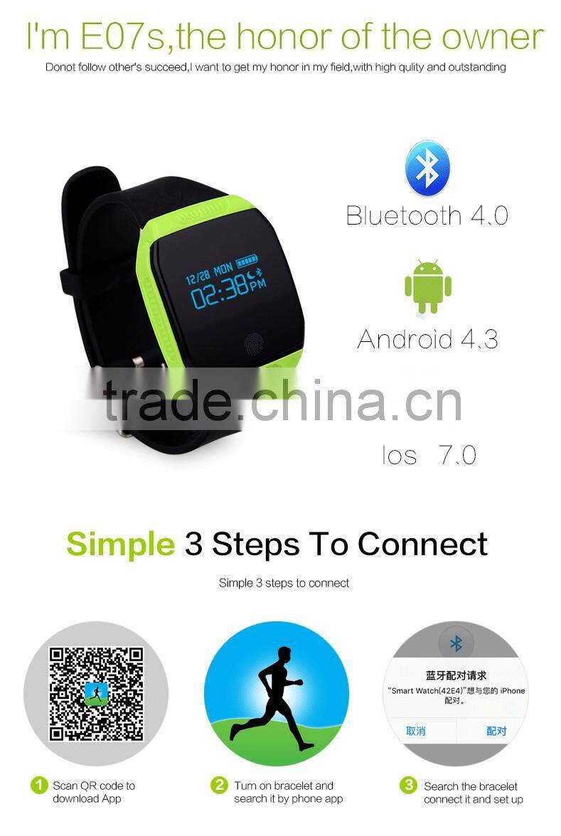 Fashion latest design heartrate monitoring smart bracelet with waterproof IP67 and TPU strap E07S