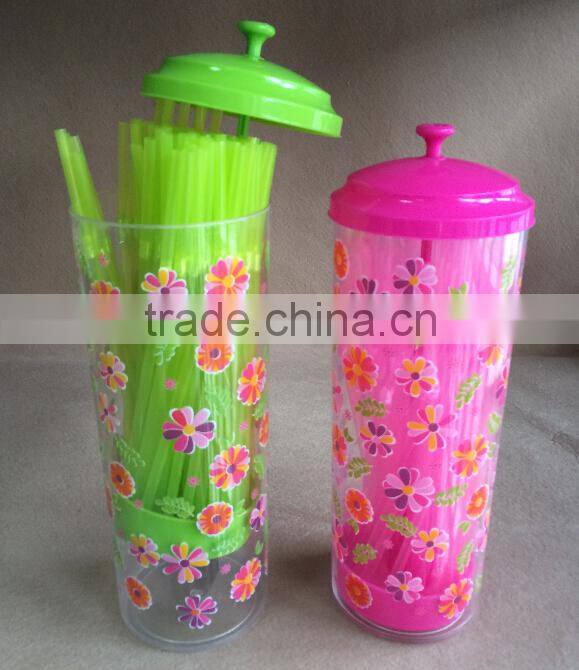 Plastic straw dispenser with printing and100pcs straws,straw holder with printing and 100pcs straws TG20080
