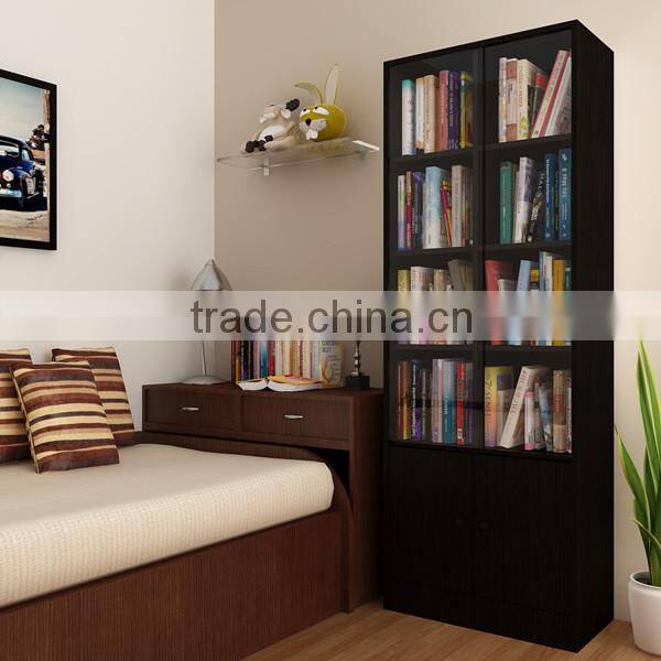 Wooden bookcase with sliding glass doors