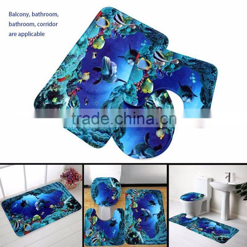 Soft 3in 1 Bathroom Non-Slip Blue Ocean Style Pedestal Rug + Lid Toilet Cover + Bath Mat Bathroom Rugs 3D Flannel Bathroom mat