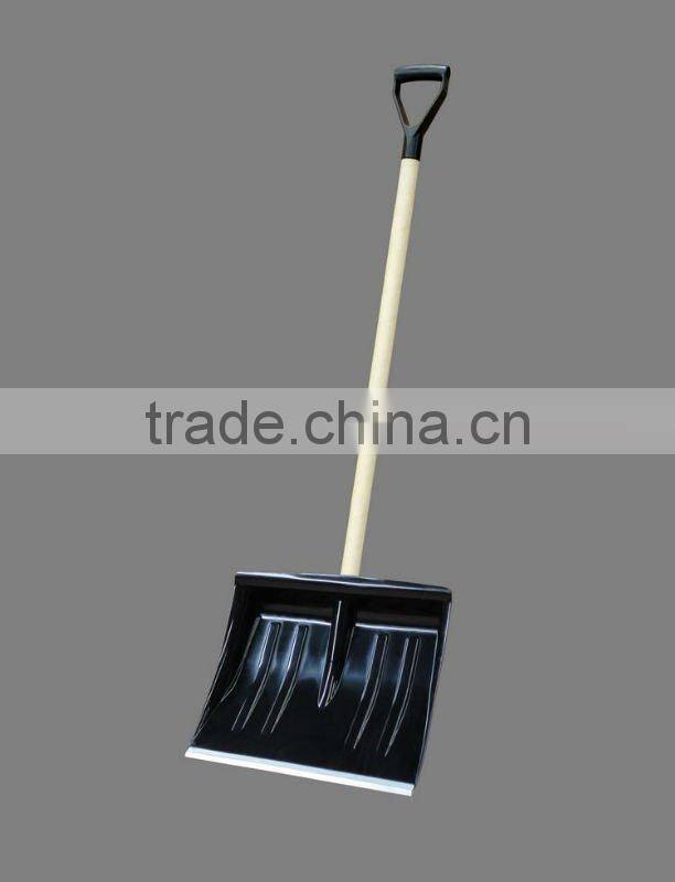 Plastic snow shovel with wood handle