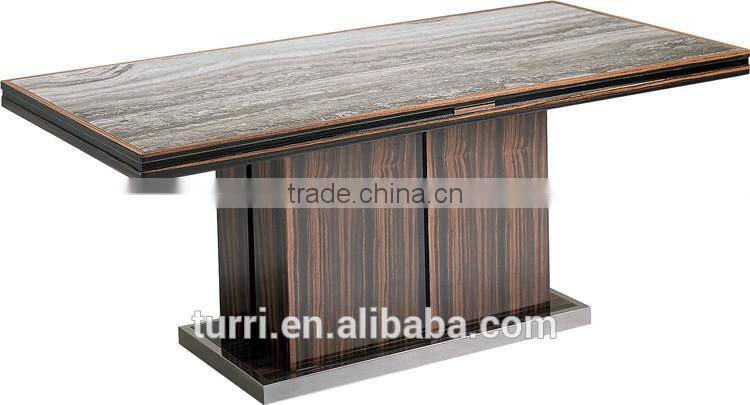 Modern ebony veneer MDF base TV stand with natural travertine top