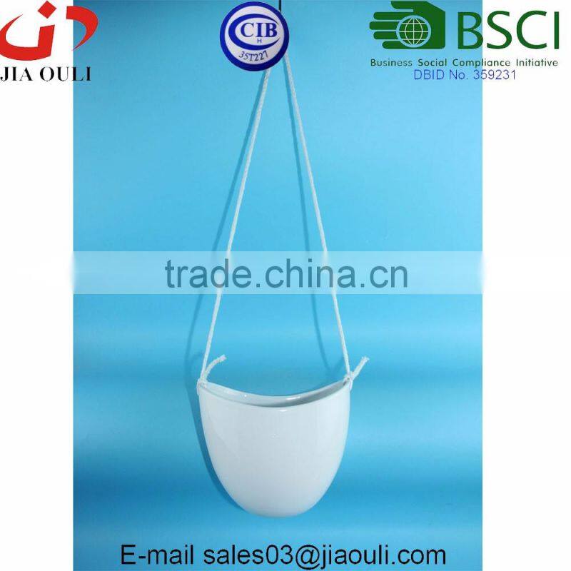 White Ceramic Rope Hanging Planter Set with 4 Flower Pots Plant Containers