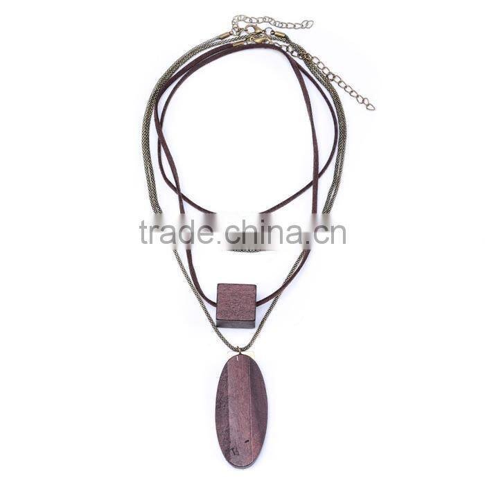 multi strand geometric wood bead pendant necklace long wooden beads sweater necklace layered suede leather chain necklace