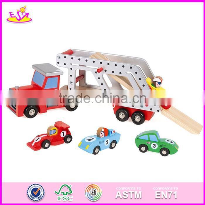2017 New design funny children wooden toy trucks and trailers with 4 small cars W04A339