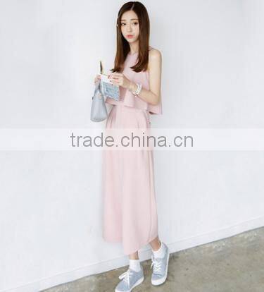 2016 New Fashion Girls Suits 2 Pieces Round Collar Sleeveless Tops+Slim Thin Korean Style Ultra-wide-leg Loose Trousers