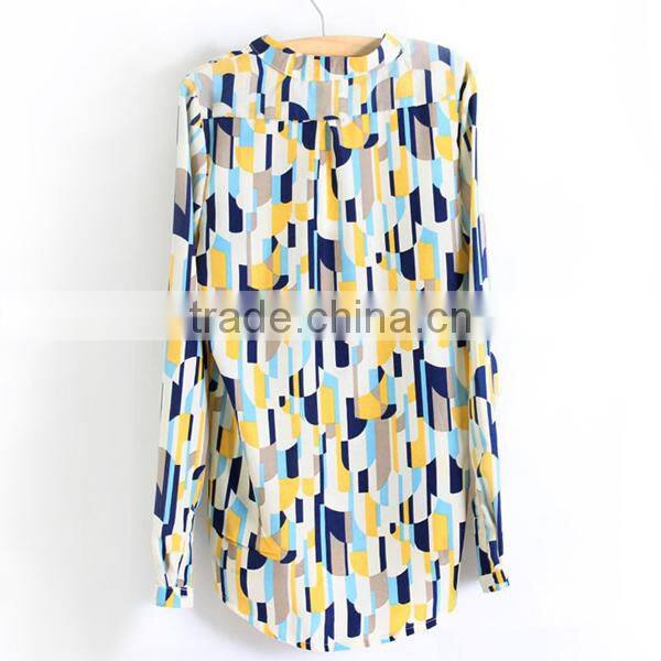 Garment factory in shenzhen ladies' loose fit printed chinese collar casual blouse patterns