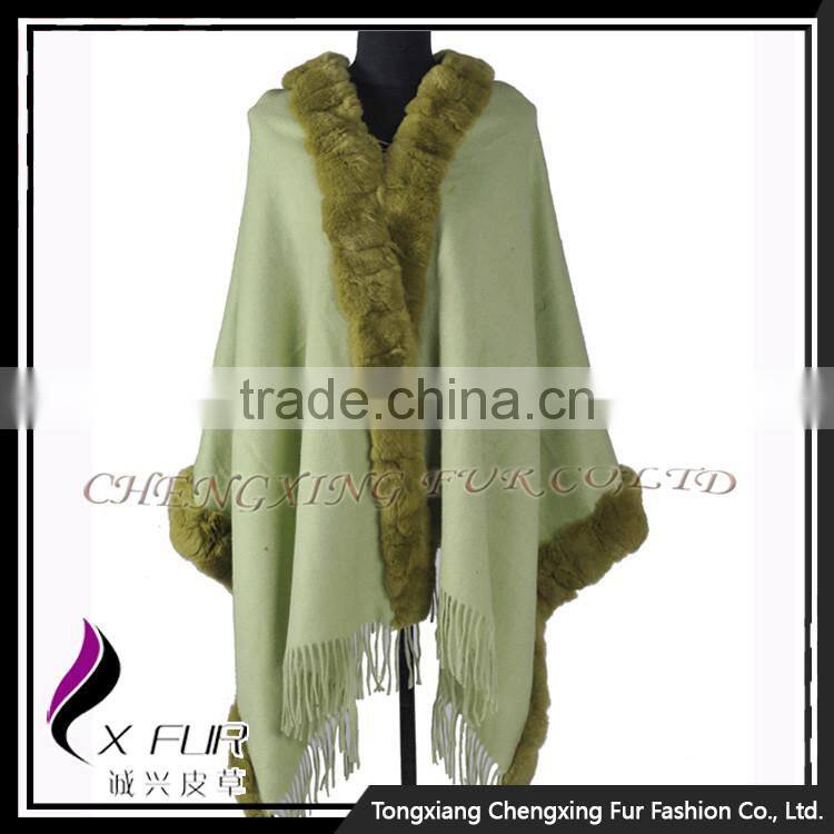 CX-B-P-48B 2016 Ladies Latest Rex Rabbit Fur Trim Shawls and Scarves Pashmina