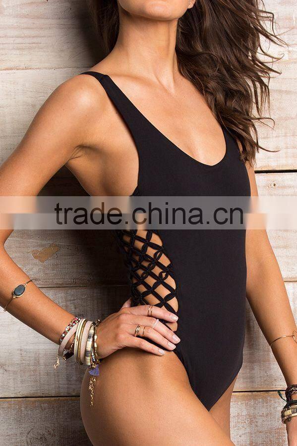 ladies black and side braid one-piece swimwear