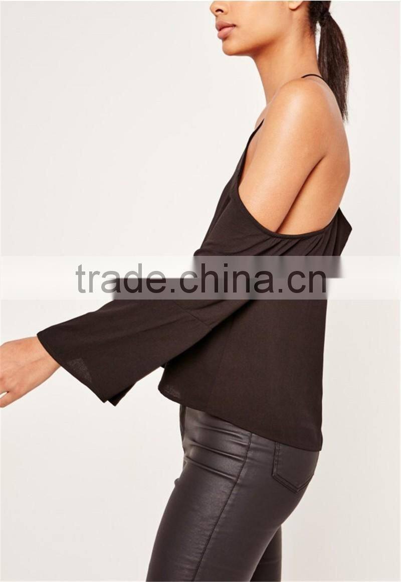 MGOO 2017 Chiffon Cold Shoulder Blouse Long Sleeves Shirts Blouses Polyester Spandex Black Loose Style