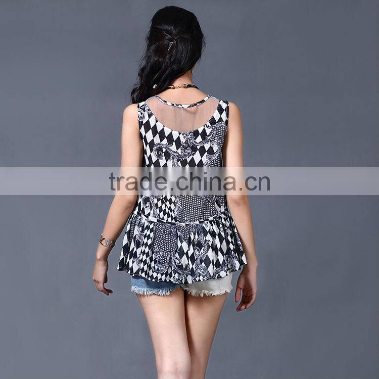 2017 wholesale black pattern print see through shoulder sleeveless blouse