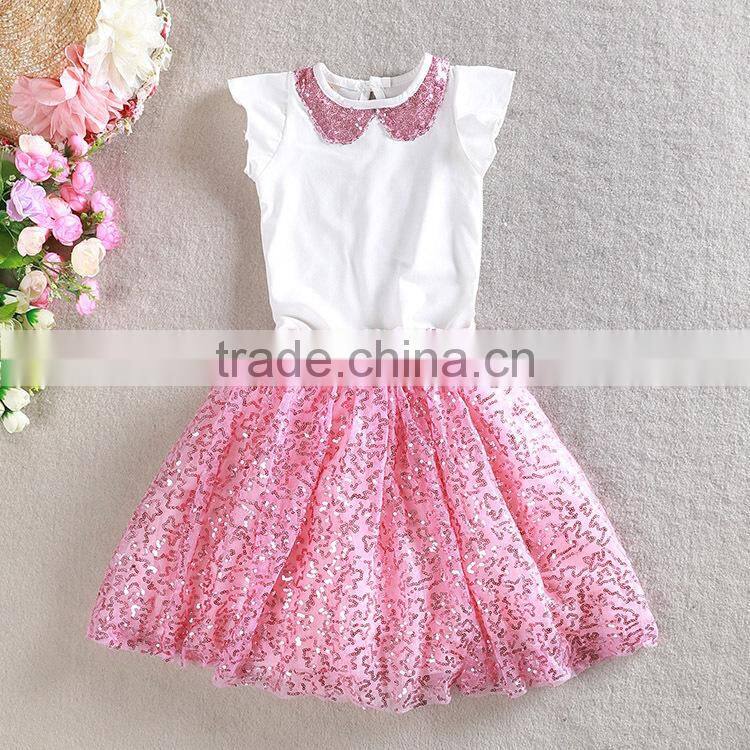 Valentines Day Gift Special Design Girls Cotton Sequins Skirt 2PCS Boutique Dresses