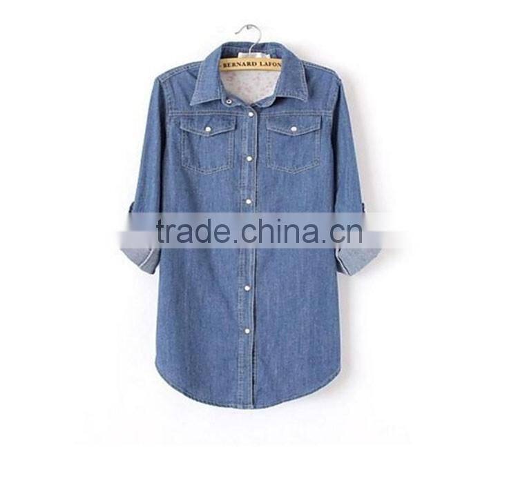 Fashion blue long plus size shirts women denim clothing manufacturers denim women shirts