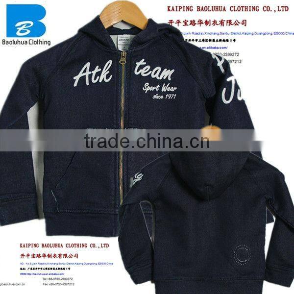 high quality wholesale dark blue kids denim jackets with hoody