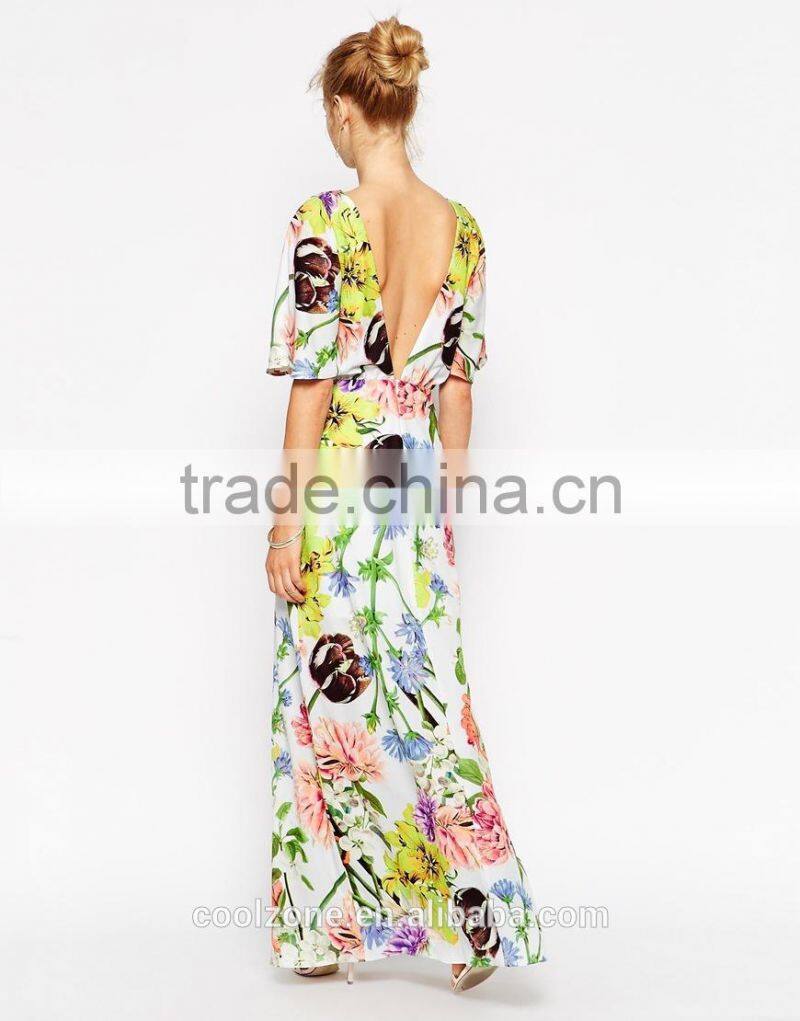 Backless half sleeve floral print maxi dress cheap evening dress