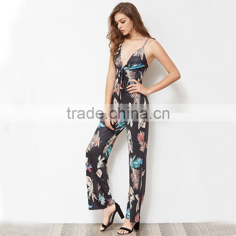 Black Floral ladies jumpsuit, 2017 fashion deep v-neck long romper