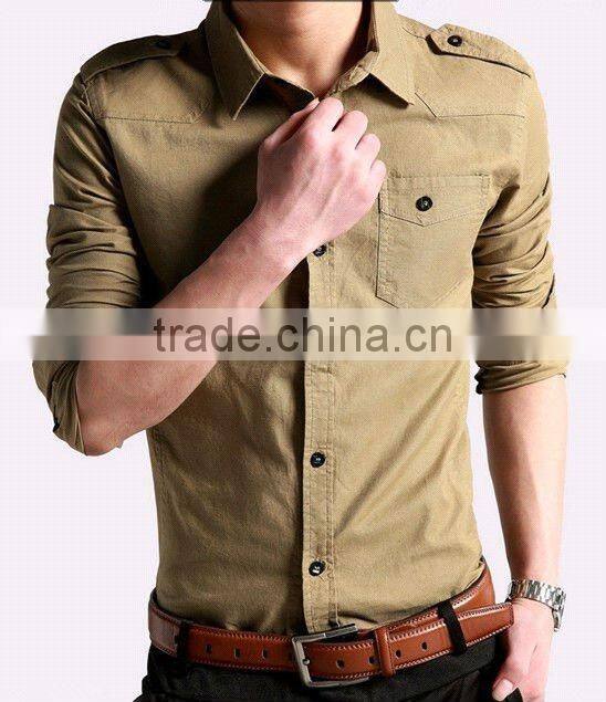New Elegant Khaki 100%Cotton Men fancy casual Shoulder strap shirt with square collar