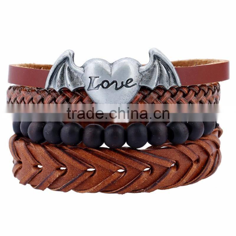 NEW Retro Angel Wing Heart Leather Charm Bracelet Plated DIY Braided Bangle 4 pack