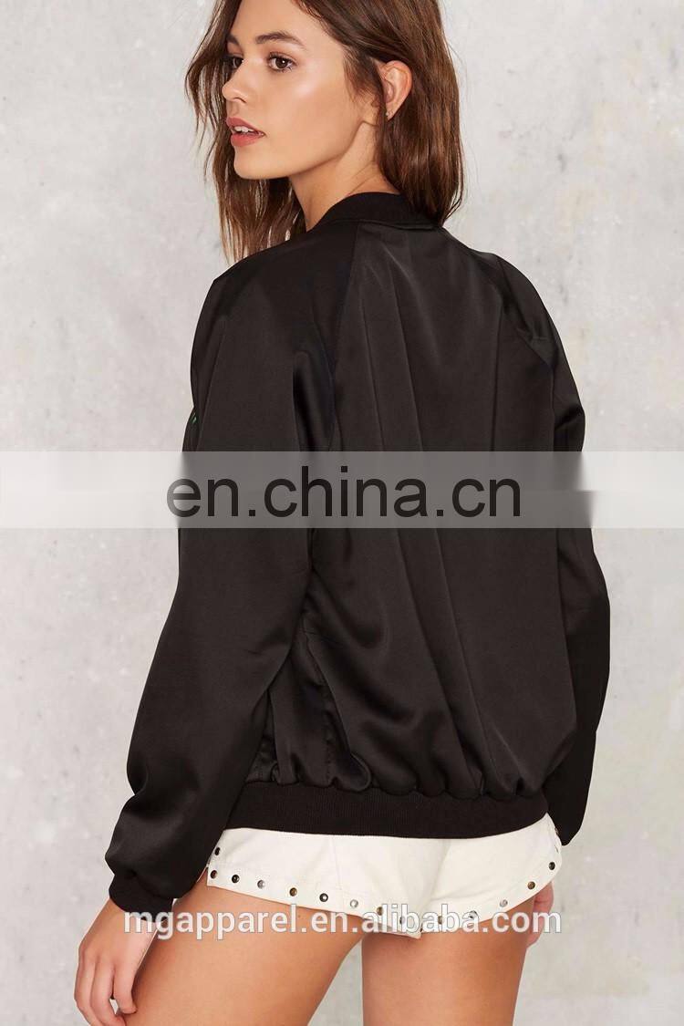 2017 Custom Wholesale Rose Embroidered Satin Bomber Jacket Women