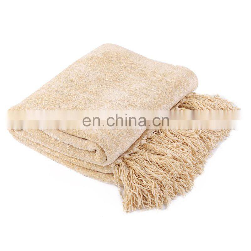 Light Yellow Acrylic High Quality Blanket Jacquard Knitted Blanket With Tassels