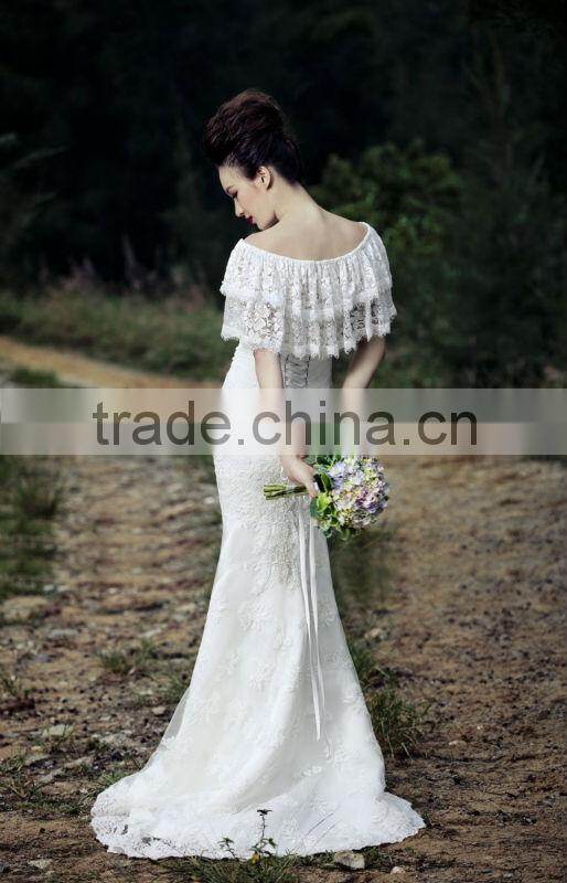 2014 New Arrival Mermaid Cross Criss cap Sleeve Wedding Dress with applique