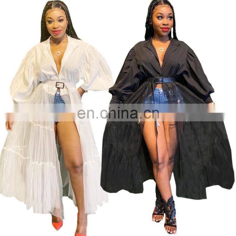 (Belt not included) Customized new women's fashion big size nightclub mesh translucent stitching long sleeve dress