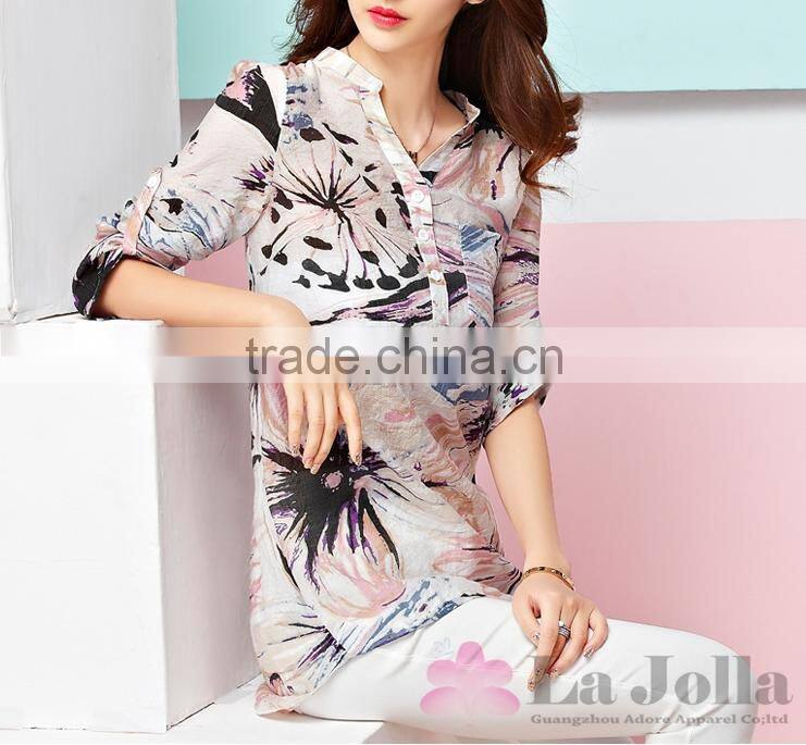 Latest Summer Fashion Ladies Long Style Flower Printed Chiffon Short Sleeves T-shirt 111