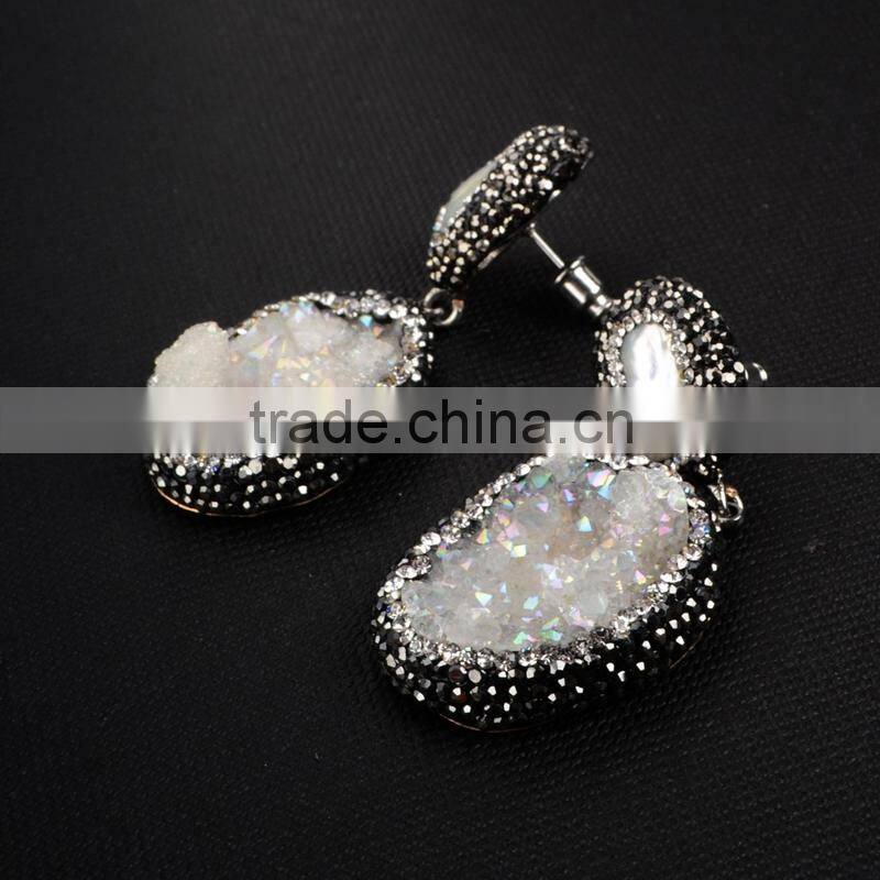 Natural freshwater pearl earrings with 18k gold plated, hanging stick druzy geode earrings with black diamonds paved on edge