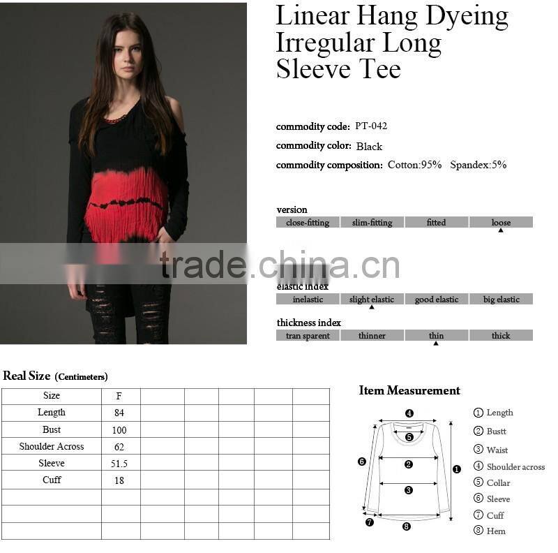 PT-042 black and red color V-neck one shoulder high-low hemline T-shirt