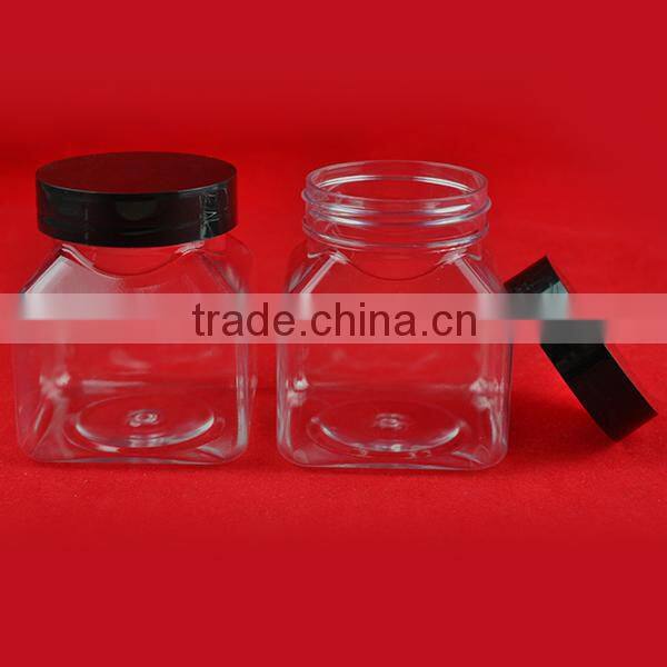 PET plastic transparent 200 ml square candy jar with black cap