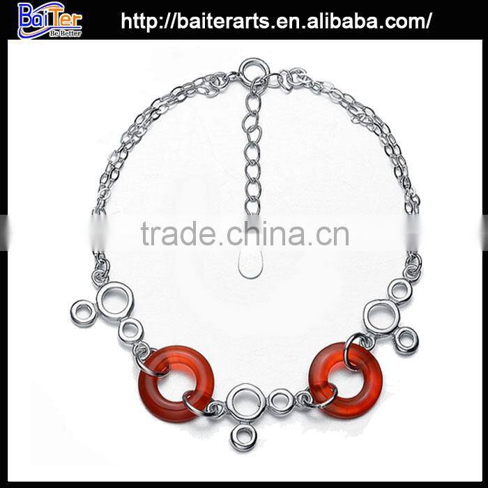 925 Sterling Silver Red Agate Fancy Circle Link Bracelet