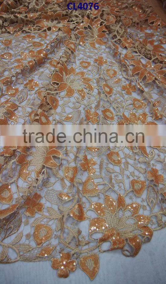 CL4076 peach 2014 New fashion sequins lace with factory price,solf and unique pattern 5 yards