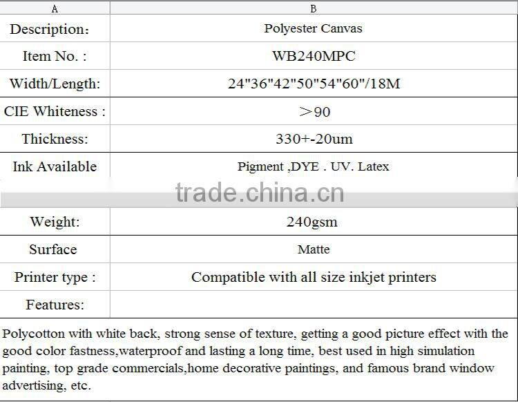 100% Polyester Canvas Roll Vivid Printing Color Hot Sell Canvas Roll For Printing