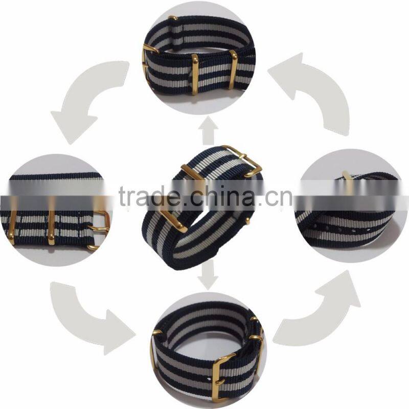 PVD Gold Custom Black Gray Striped Nylon Watch Bands 16MM