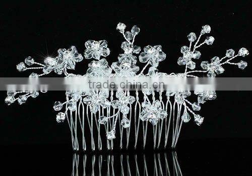 Bridal Wedding Handmade White Flower Satin Crystal Hair Comb CT1384